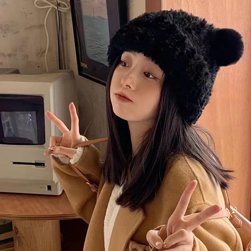 Cute bear plush knitted hat children autumn and winter thickened warm bald hat imitation fur pullover basin hat