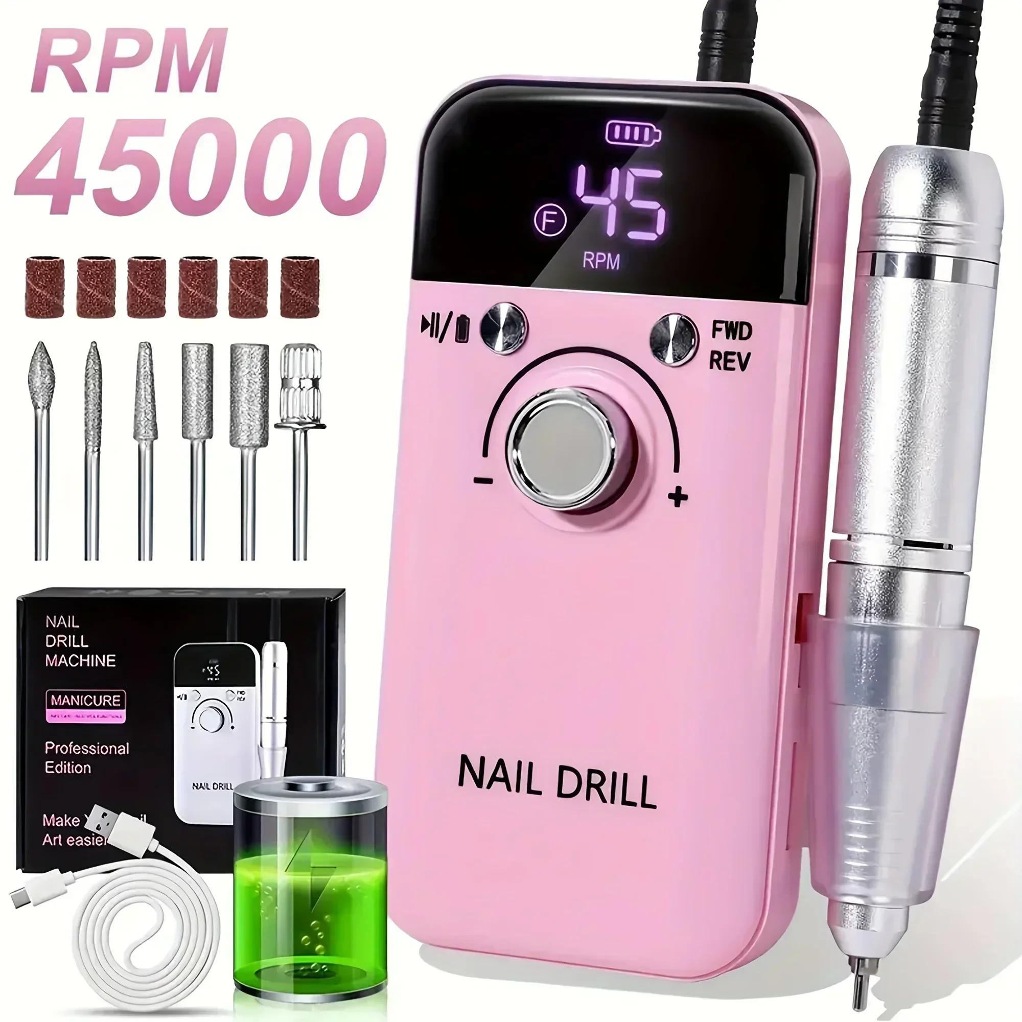 

45000RPM electric nail drill with LCD low noise rechargeable nail polisher for polishing gel nail polish. ABS розовый