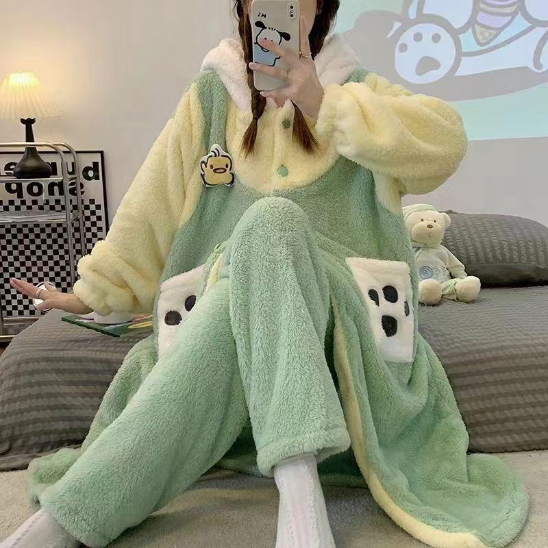 Cozy Mike Wazowski Fleece-Lined Hooded Pajamas - Winter Homewear with Short Sleeves