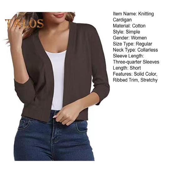 Women Knitting Cardigan Collarless 3/4 Sleeve Short Knitting Jacket Solid Color Open Stitching Knitted Outerwear