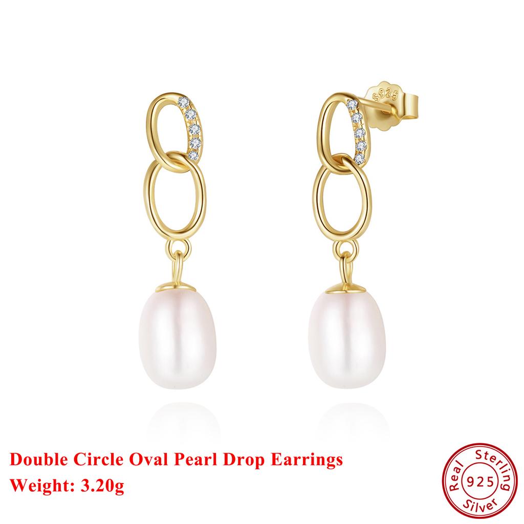 Effie Queen 925 Massiv Sterling Silber 14 Karat Gold Oval Perlen Hängeohrringe Mit Zirkonia Romantischer Schmuck für Damen Bankett GPE67