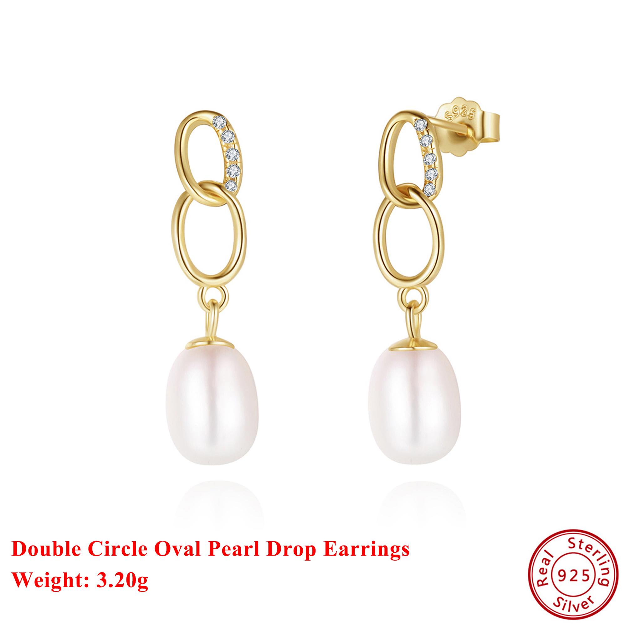 

Effie Queen 925 Solid Sterling Silver 14k Gold Oval Pearl Drop Earrings With Zirconia Romantic Jewelry for Women Banquet GPE67