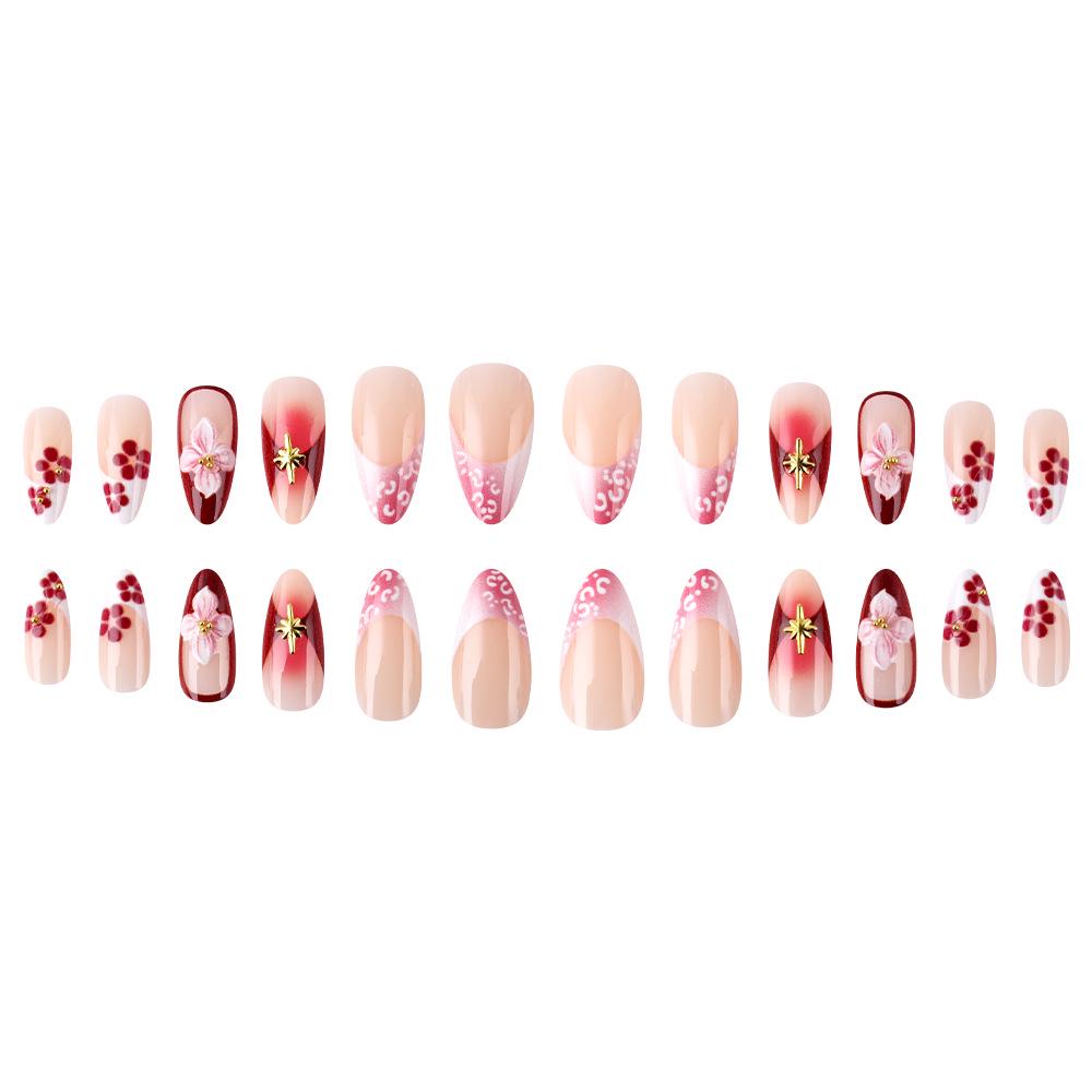 Cherry Blossom Embossed Gold-Plated 3D Press-On Gel Nails - 24 Pieces