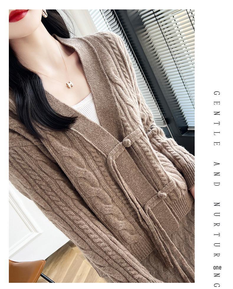 Autumn Women's V-neck Frog Button Wool Cardigan - Chinese Style Knitwear Jacket