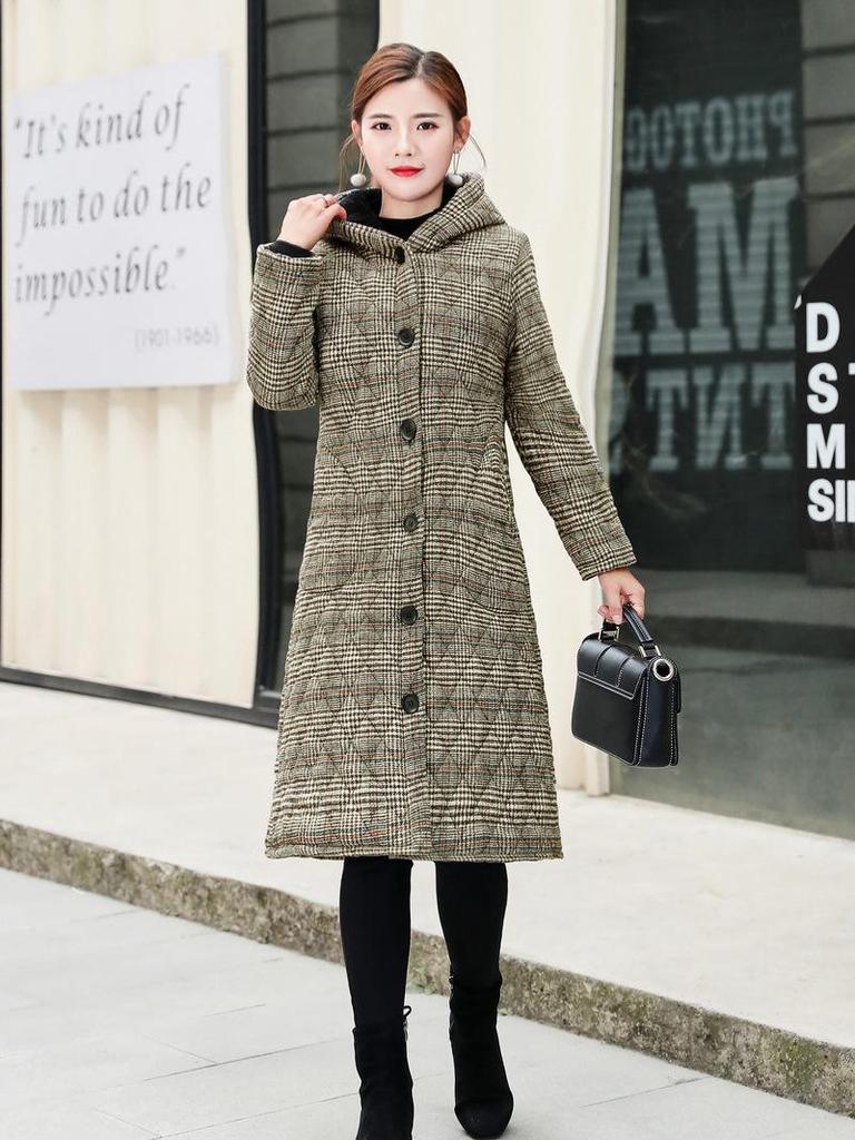 Women's Mid-length Plaid Cotton Coat - Velvet-lined, Thickened for Autumn/Winter