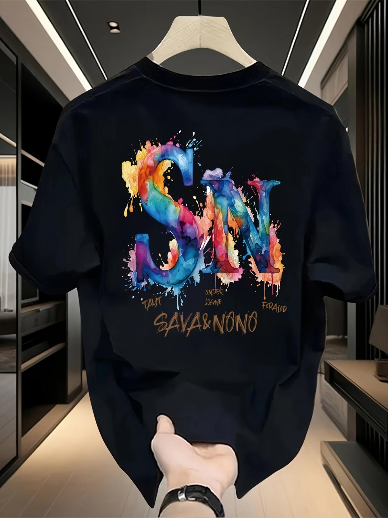 

Men s 100% Cotton Graphic T-Shirt Vibrant Watercolor Letter Print, Round Neck Casual Summer Top for Casual Attire S