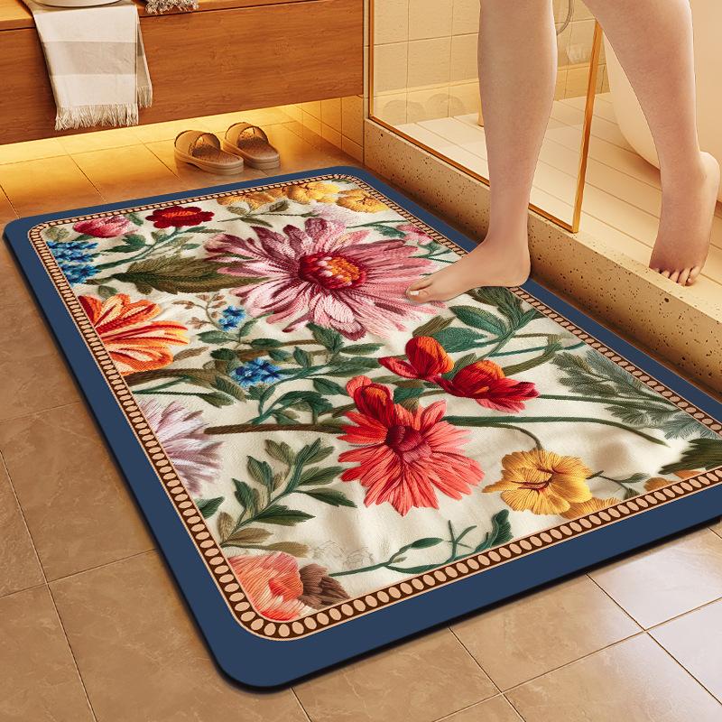 

Вышитый цветочный диатомовый грязевой коврик для пола, впитывающий воду и устойчивый к грязи коврик для ног, бытовой износостойкий быстросохнущий нескользящий коврик для пола в ванной 80*120cm