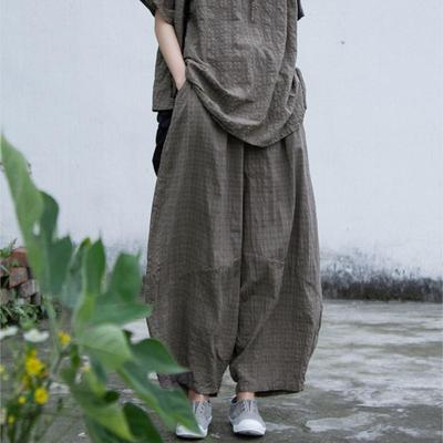 Damskie spodnie w stylu vintage w kratę w pasie luźne spodnie szerokie nogawki letnie letnie patchworkowe damskie spodnie na co dzień