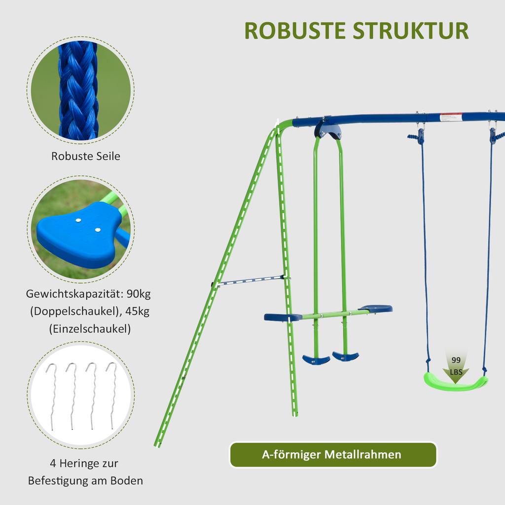 Metal Swing Set, with Seesaw, Adjustable Height, for Ages 3+ Years, Green