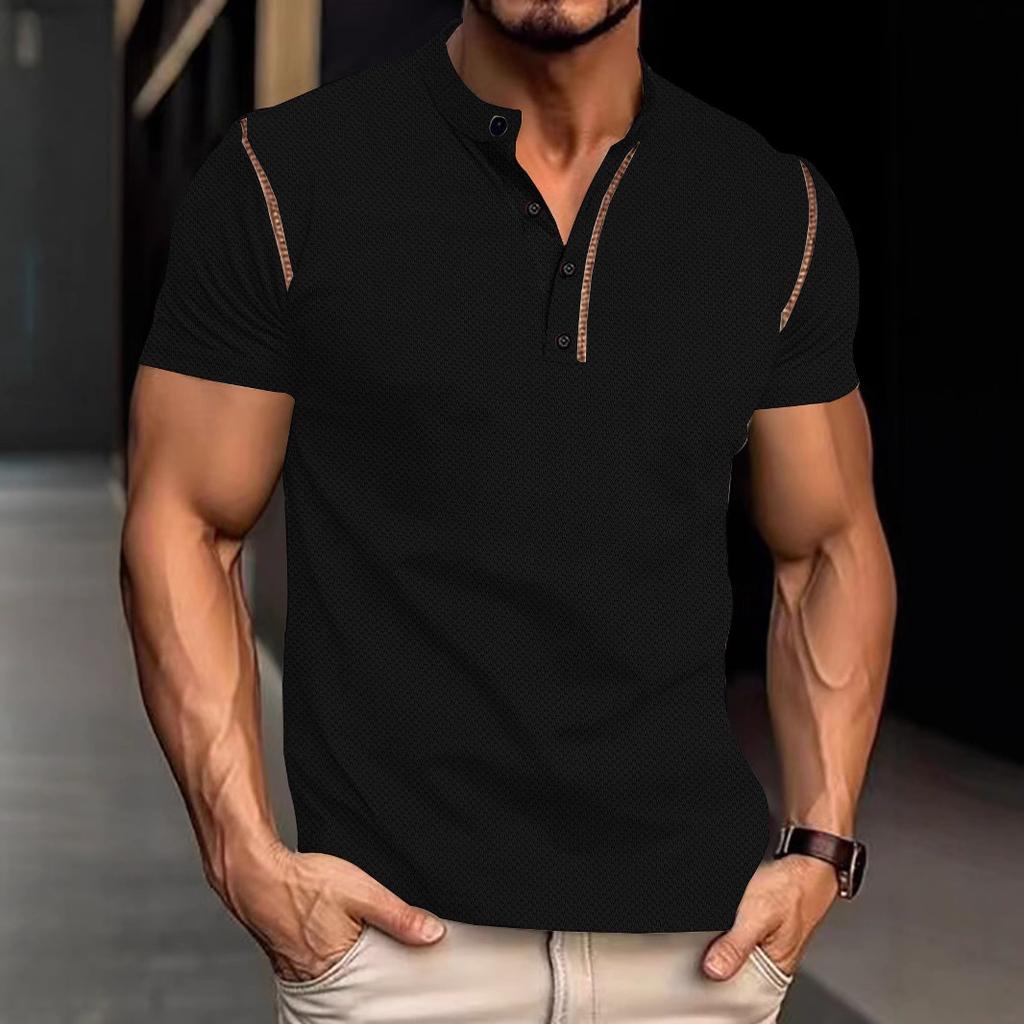 Mens Muscle Slim Henley Shirts Short Sleeve Athletic T-Shirts Summer Button Tees
