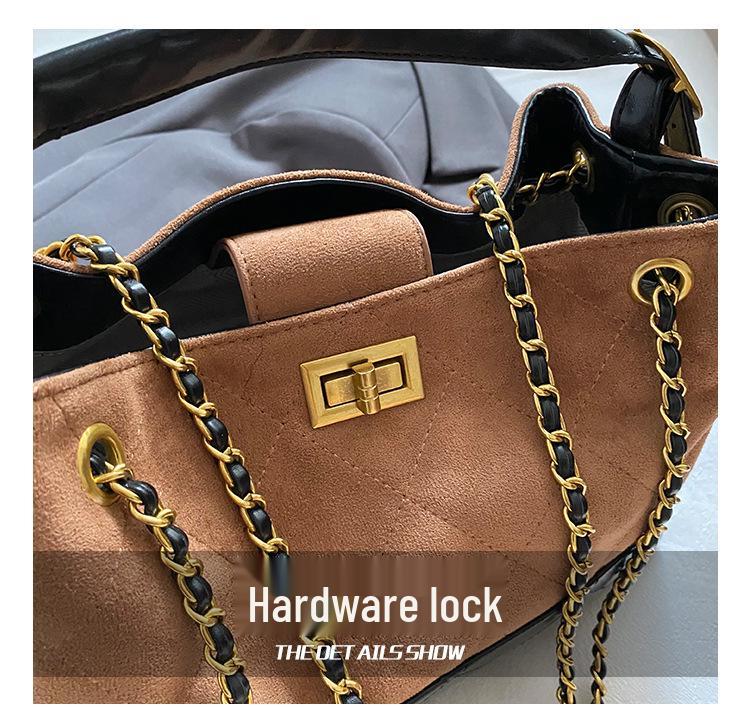Brown Korean Style Quilted Suede Tote Bag with Adjustable Chain Strap