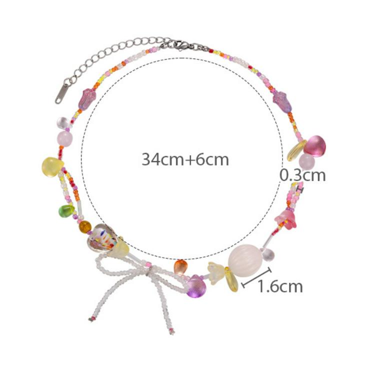 Summer Colorful Beaded Bow Necklace Women's New Dopamine Choker Sweet Spice Collarbone Chain