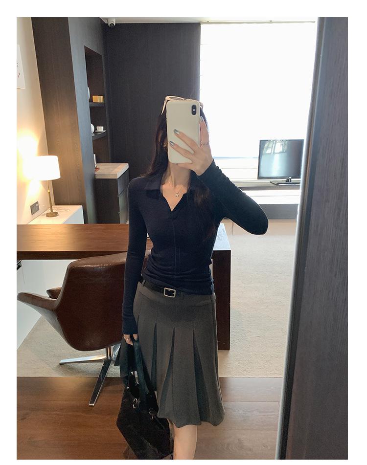 Elegant Korean Style Grey Slim Fit Lapel T-shirt: Women's Autumn/Winter Long Sleeve Base Layer Top