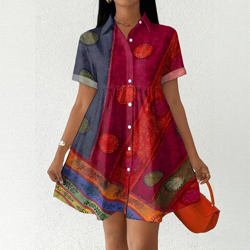 Casual Loose Fit Shirt Dress for Women Button Front Short Sleeve Collared Dress Lightweight Comfortable Summer Dress