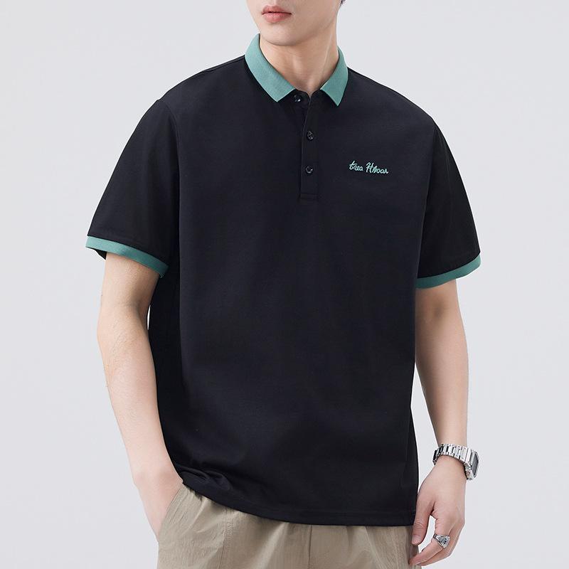 

Мужская футболка с коротким рукавом, летняя, мужская повседневная рубашка-поло с лацканами, однотонная вышитая футболка, тонкий дизайн L чёрный