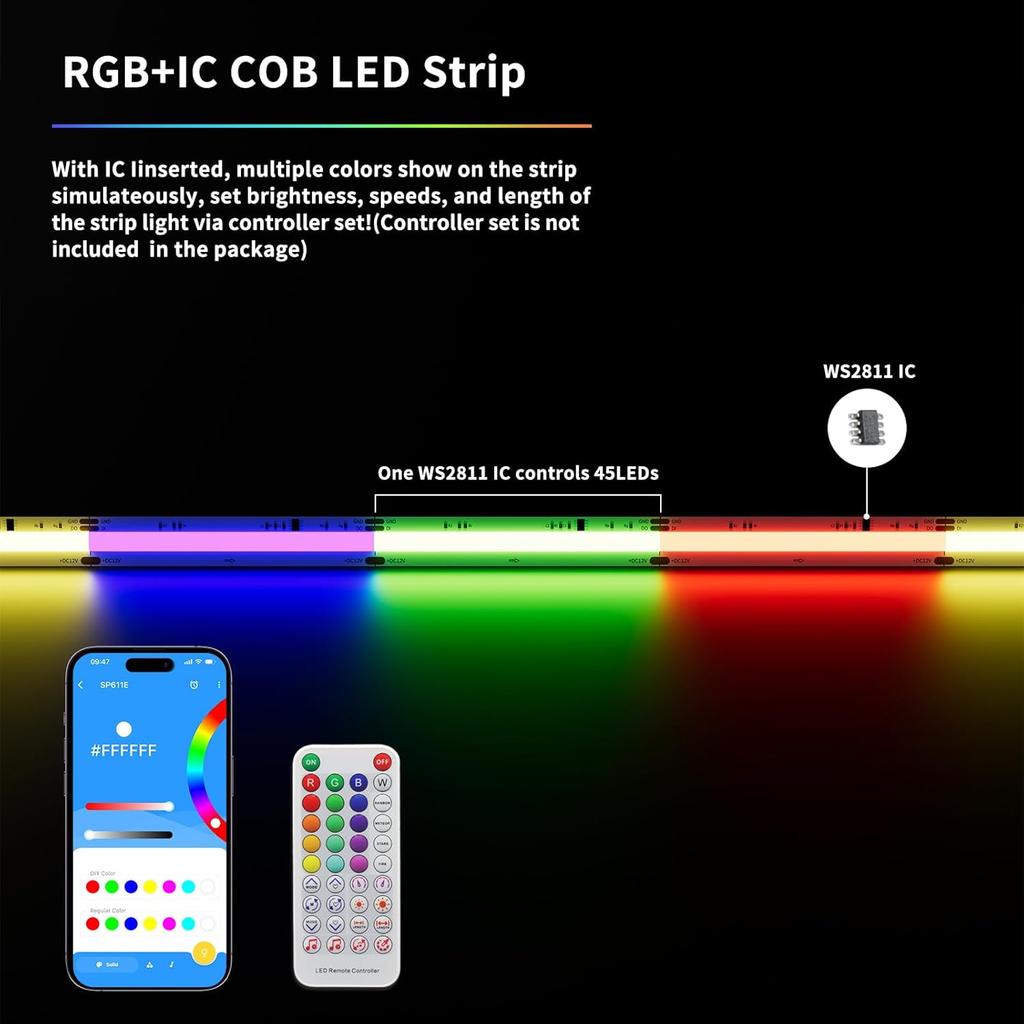 RGB WS2811 IC COB LED Strip Lights 18ft,DC12V Addressable Chasing Color RGB LED Lights,Multicolored Flexible Strips for Party, Decoration, Home DIY