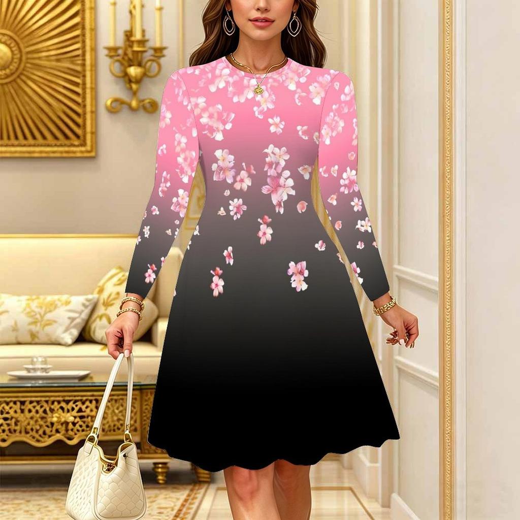 Women Long Sleeve Round Neck Midi Dress Boho Abstract Mandala Dot Floral Print Flared Casual Dress