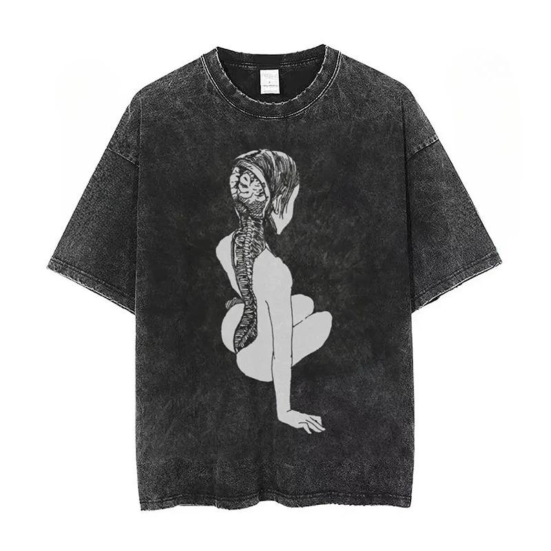 Japonská hororová manga ve stylu Tomie, s grafickým potiskem Acid Wash, unisex, těžká bavlna, oversized, Streetwear tričko