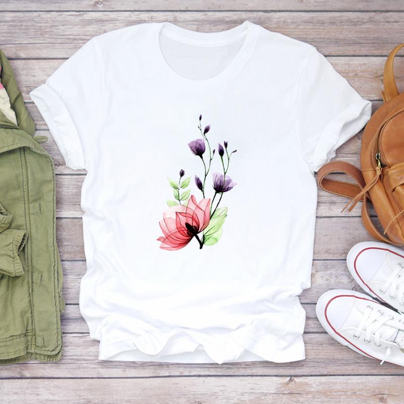 (European Size)90s Women Print Lady Female Plant Sweet Watercolor Style Tee Top Fashion T Shirt Clothing Casual Short Sleeve Graphic T-shirt