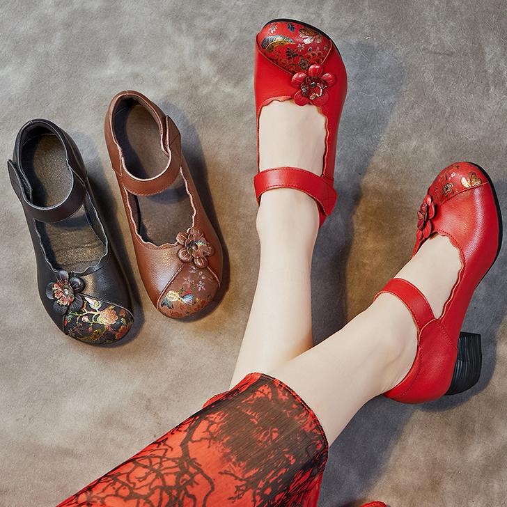 Johnature Etninio stiliaus natūralios odos marginti moteriški batai retro apvalūs pirštai stori kulnai minkšto pado pompos