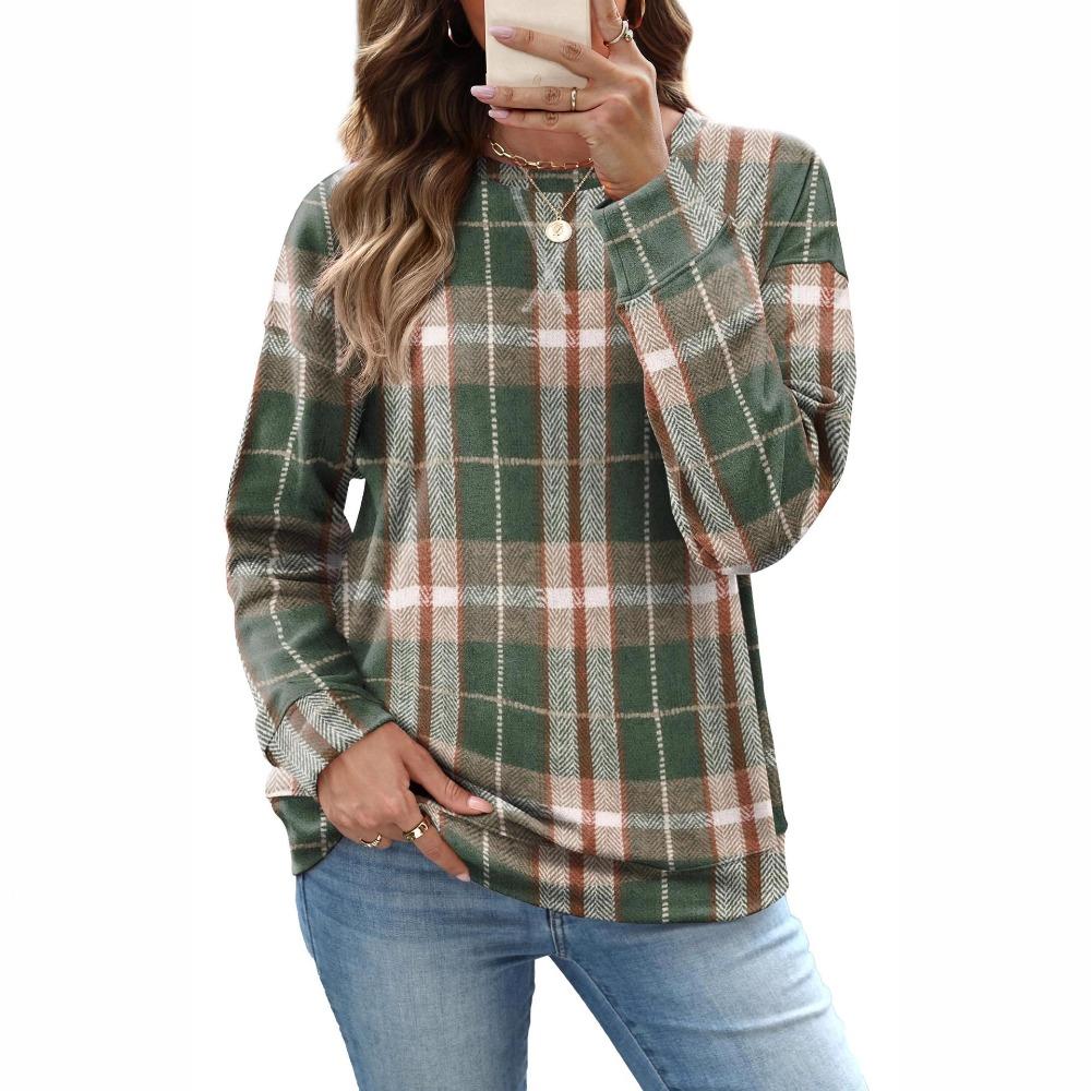 Damen Rundhals Langarm Reguläre Passform Lässiges Kariertes T-Shirt Top für Herbst Tägliche Kleidung