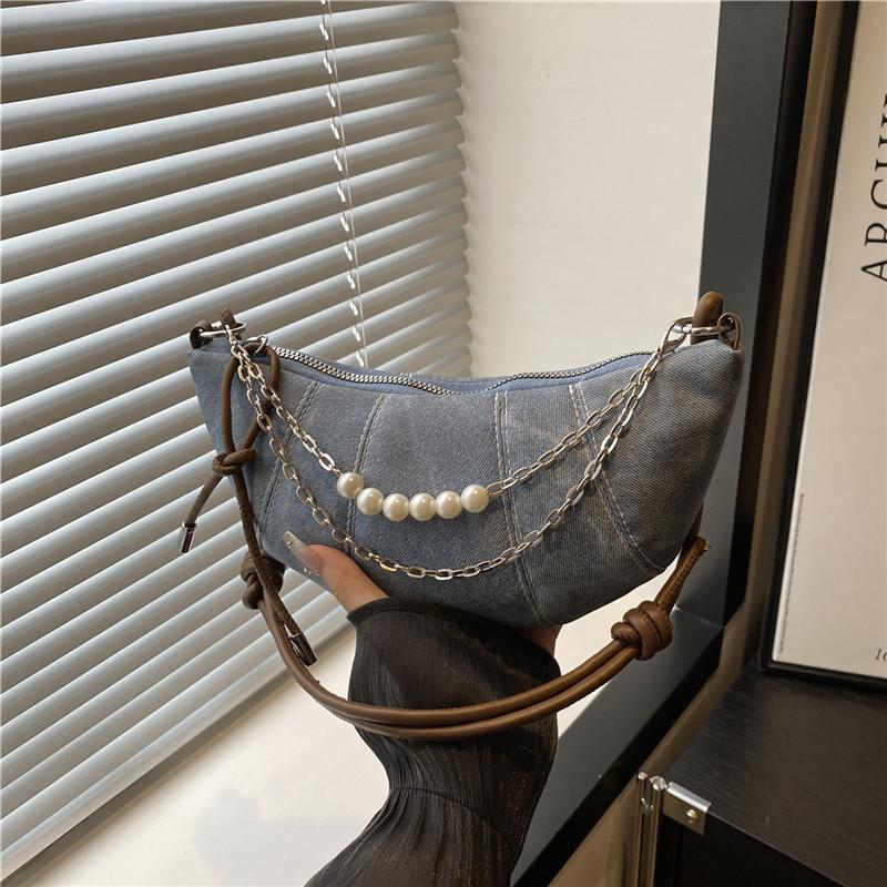 

Модный тренд Жемчужная цепочка Декоративный Круассан Популярный Однотонный Холщовый Наплечный Кроссбоди Женская сумка синий
