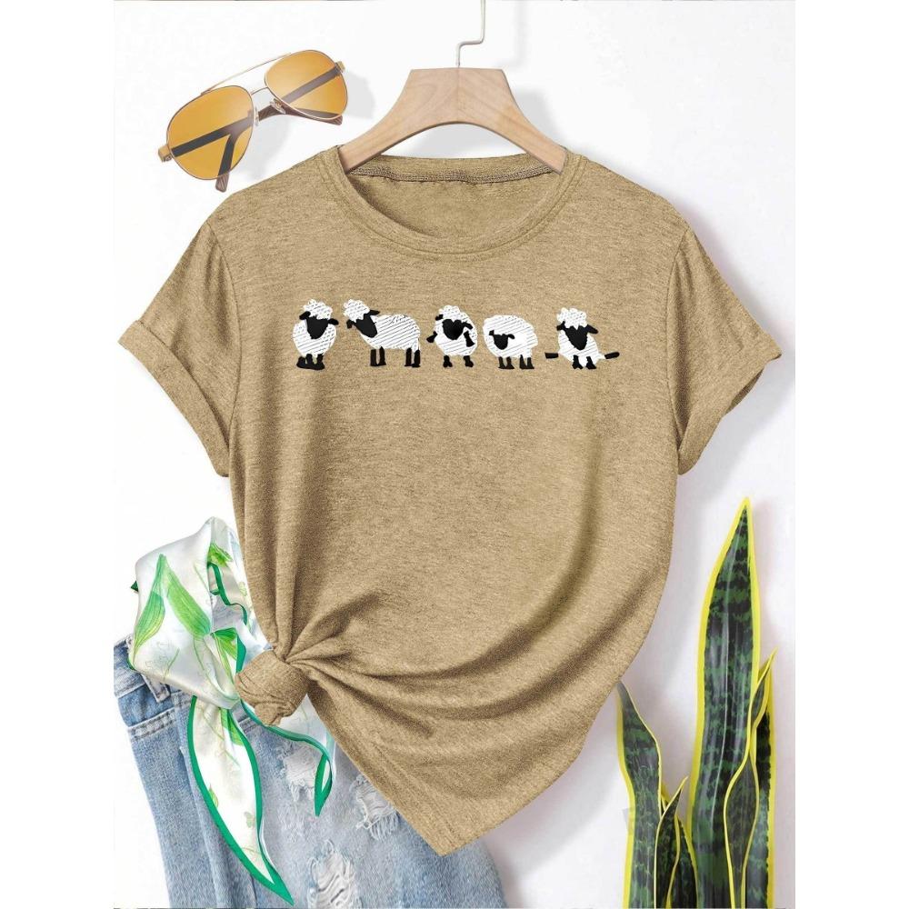 Cute Striped Sheep Women's Tee - Farm Animal Graphic, Casual Green Top