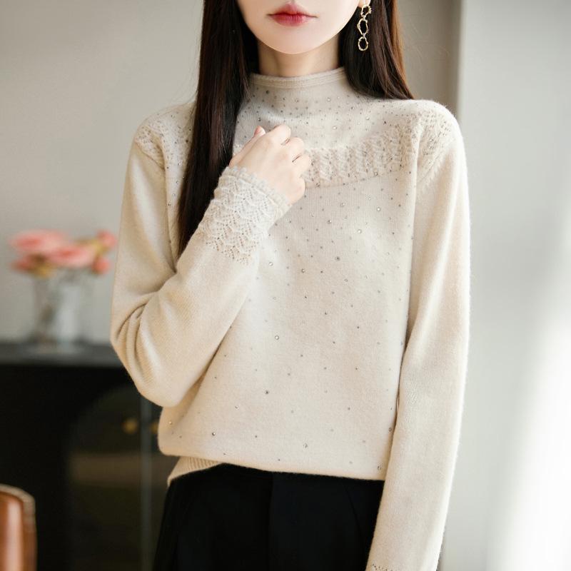 Women's Elegant Rhinestone Jacquard Knit Sweater - Half High Neck, Warm and Stylish.