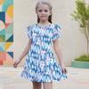 Girls Round Neck Flutter Sleeve Printed A Line Flared Dress Blue Pink White
