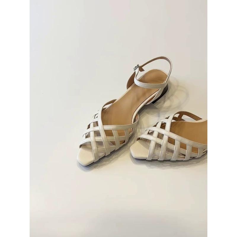 Cowhide version~ French woven hollow pointed open-toed one-word sandals women's new summer thick-heeled Roman shoes