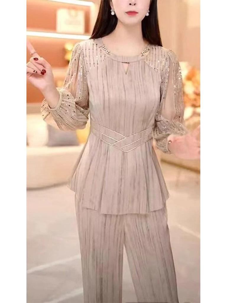 Spring 2025 Women's Luxury Suit: Stylish Slimming Top & Wide-Leg Pants Set