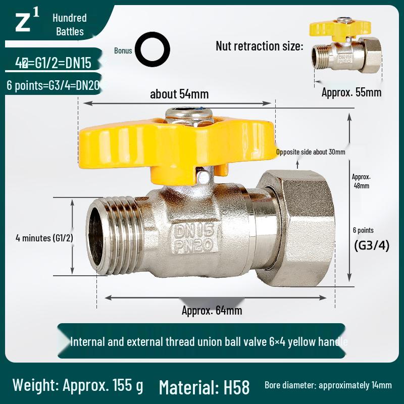 Full Copper Water Heater Union Ball Valve, Male/Female Thread, 6 to 4 Points Large Flow for Wall-Hung Boiler