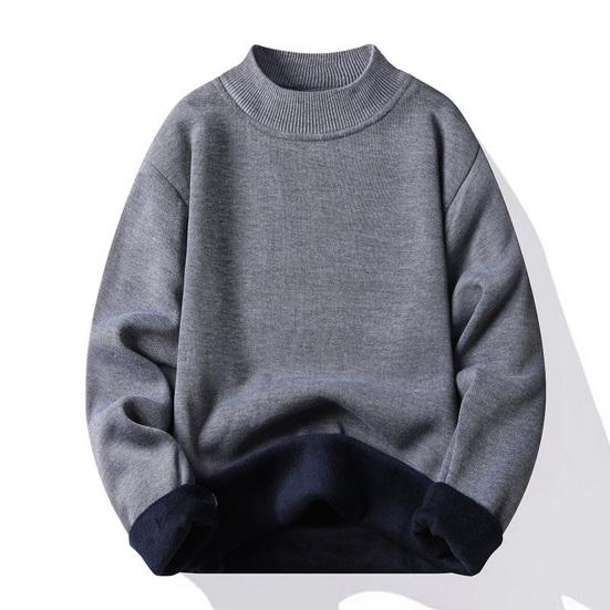 Men Fall Winter Sweater Thick Plush Lined Half-high Collar Knitted Solid Color Elastic Pullover Loose Keep Warm Work School Sweater
