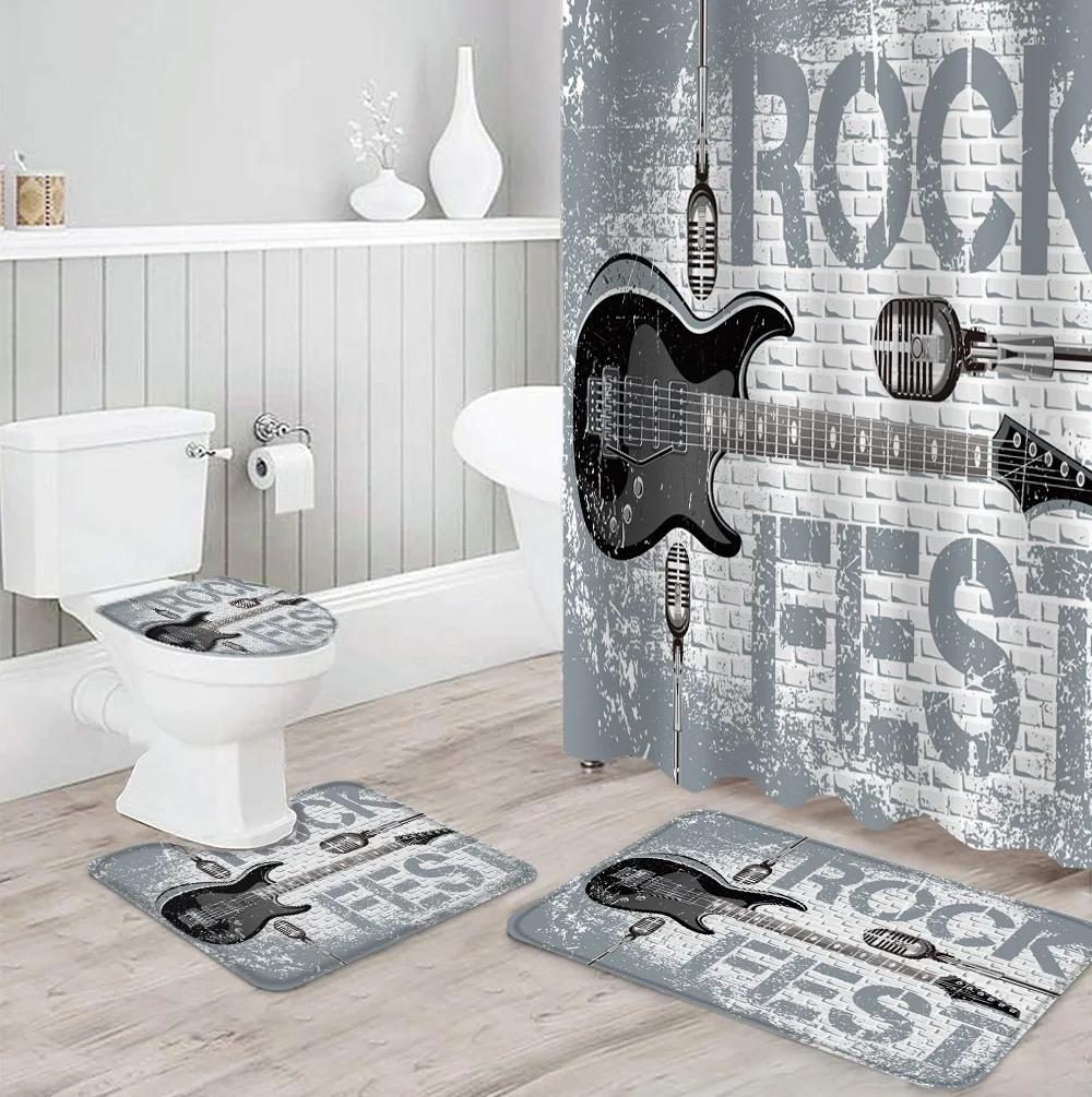 4Pcs Fire Burning Electric Guitar Shower Curtain Sets, Stone Wall Modern Bathroom Sets Waterproof,Non-Slip Bath Rugs Toilet Mat
