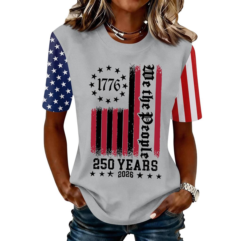 Blusa Feminina da Moda Casual de Manga Curta com Estampa e Gola Redonda