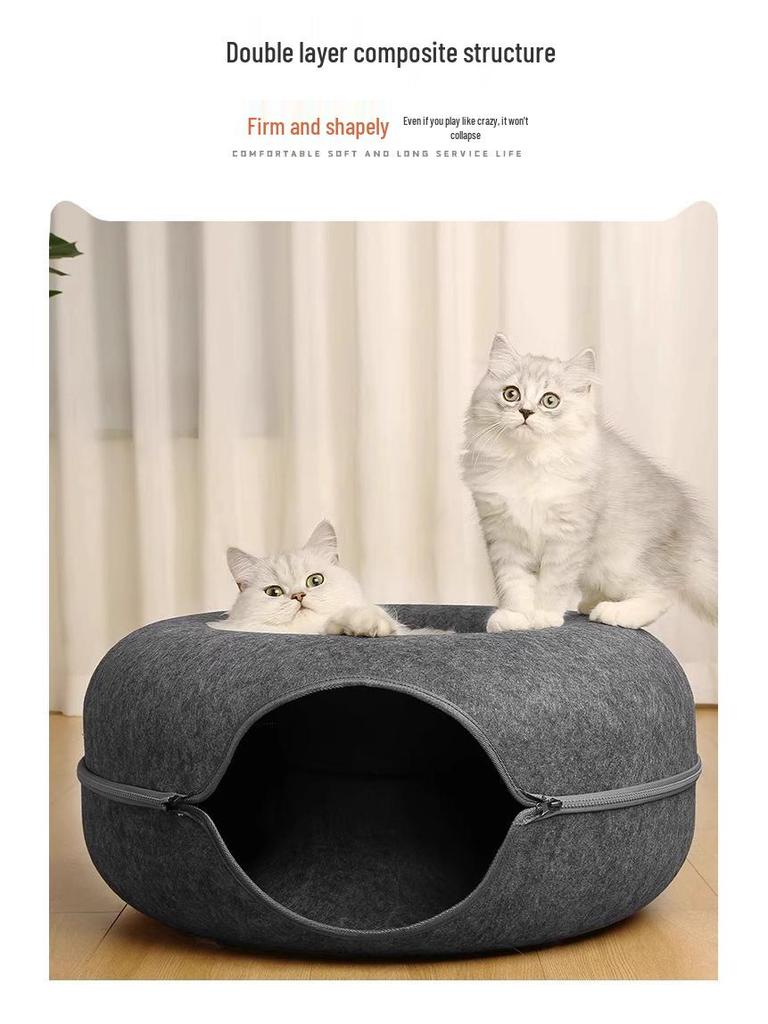 Four Seasons Cat & Dog Felt Tunnel Bed - Cozy Winter Nest & Play Donut