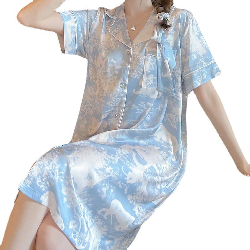 Smudged Ice Silk Pajamas Summer Thin Cardigan Short-Sleeved Medium And Long Pajamas Can Be Worn Outside Loungewear