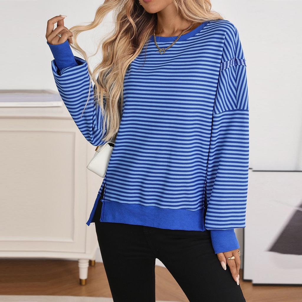 Women's Long-sleeved Round-neck Striped Round-neck Versatile Casual Loose Sweatshirt