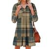 Women's fashionable and elegant long-sleeved V-neck pocket plaid print dress