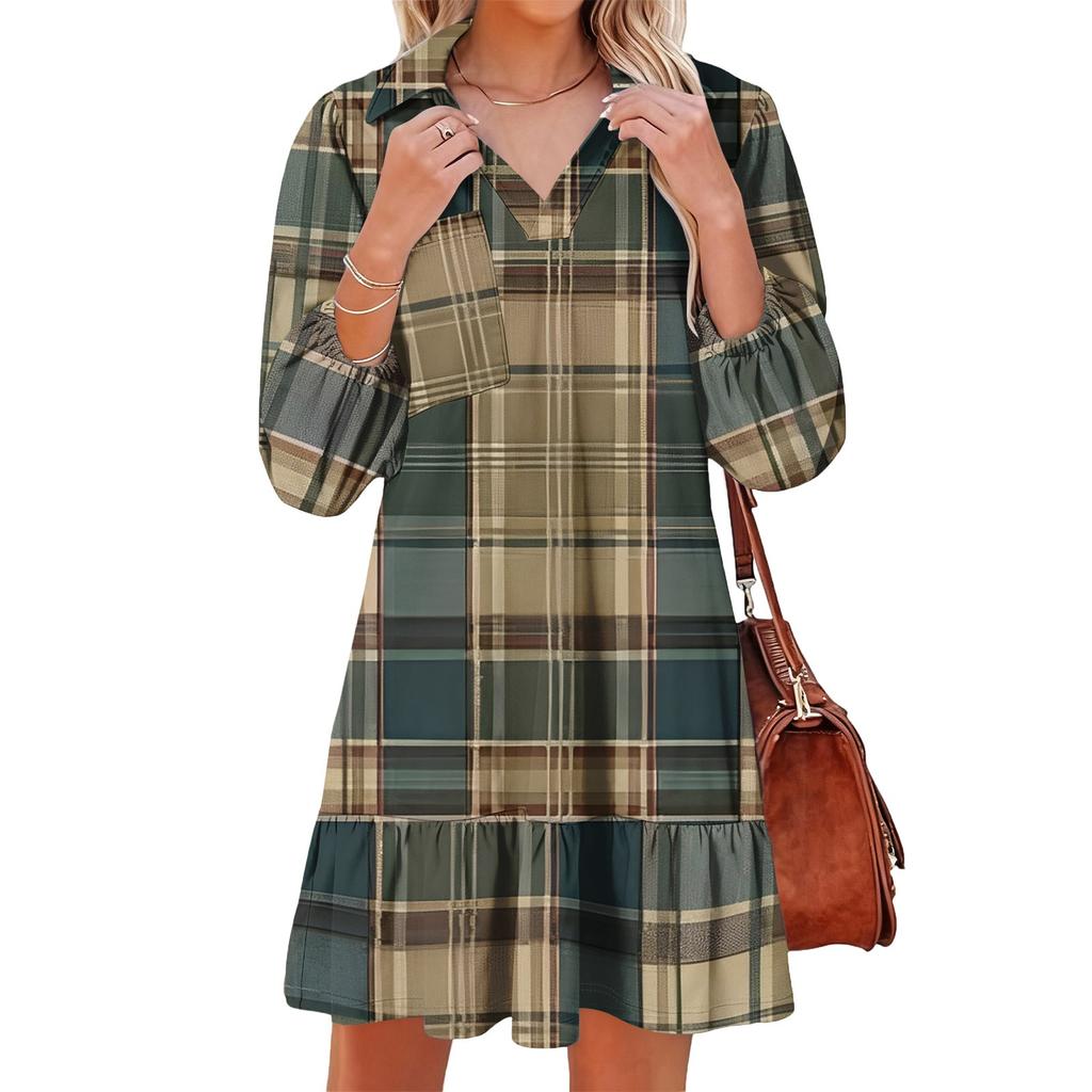 Women's fashionable and elegant long-sleeved V-neck pocket plaid print dress