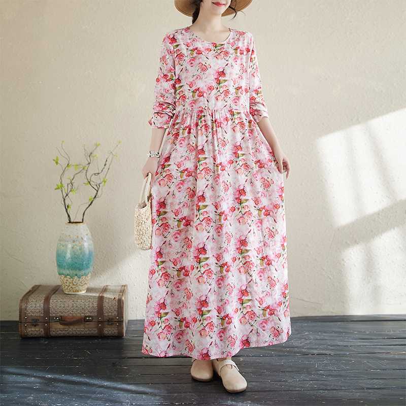 

2025 New Floral Vacation Style Travel Round Neck Vintage Long Skirt Flesh Covering Dresses 2XL розовый