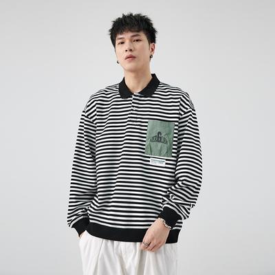 Autumn American Striped Polo Shirt Long-Sleeved Men'S Loose Plus Size Sweater Heavy Trendy Men'S Lapel Top
