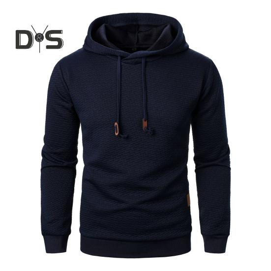 Men Fall Winter Hoodie Solid Color Drawstring Long Sleeves Jacquard Design Hooded Elastic Cuff And Hem Thin Daily Wear Casual Sport Top
