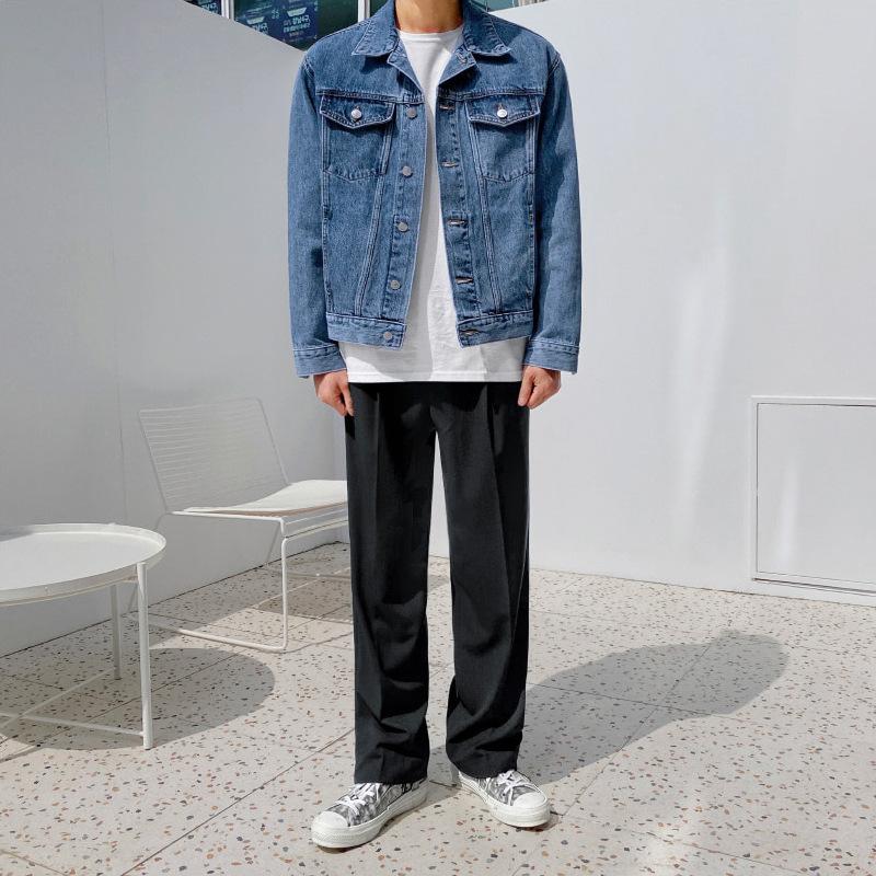 Giacca di Jeans da Uomo Primavera Ispessita Stile Coreano Larga Retro Workwear Giacca con Bavero Top