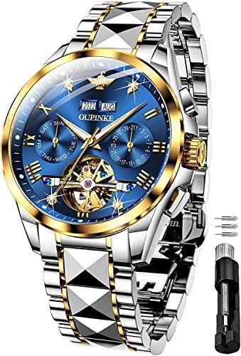 

OUPINKE Men s Automatic Mechanical Watch - Business Watch - Skeleton - Waterproof - Calendar - Automatic/Hand-Wound - Hollow Dial - Blue