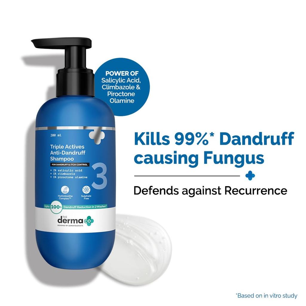 The Derma Co Triple Actives Anti-Dandruff Shampoo 200 ml | Removes Dandruff & Soothes Itchy Scalp for Men & Women