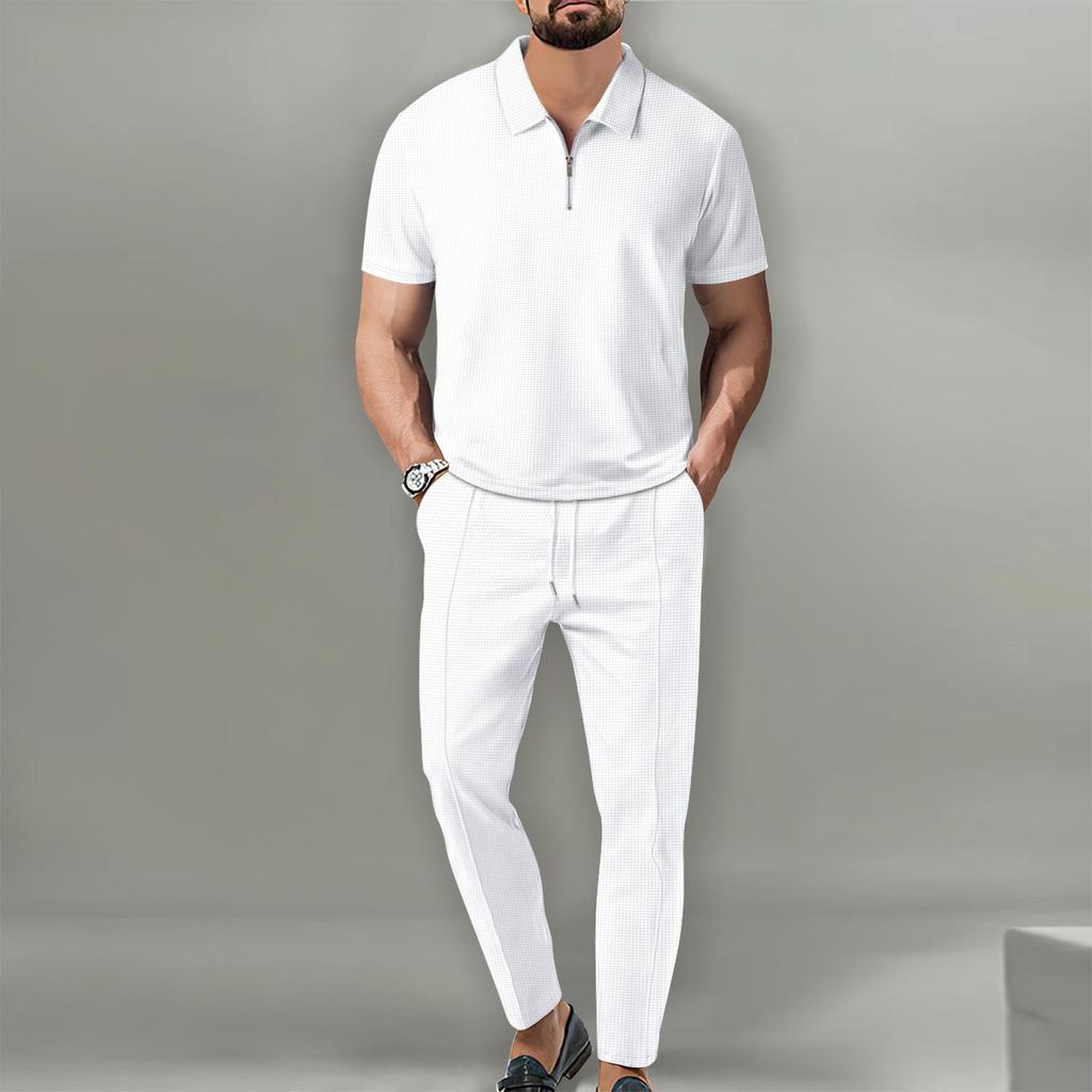 2024 Summer Youth Waffle Knit Zip-Up Top & Long Pants Two-Piece Set