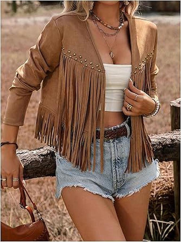New Women's Faux Suede Fringe Trim Long Sleeve Open Front Cardigan Western Music Festival Outfit