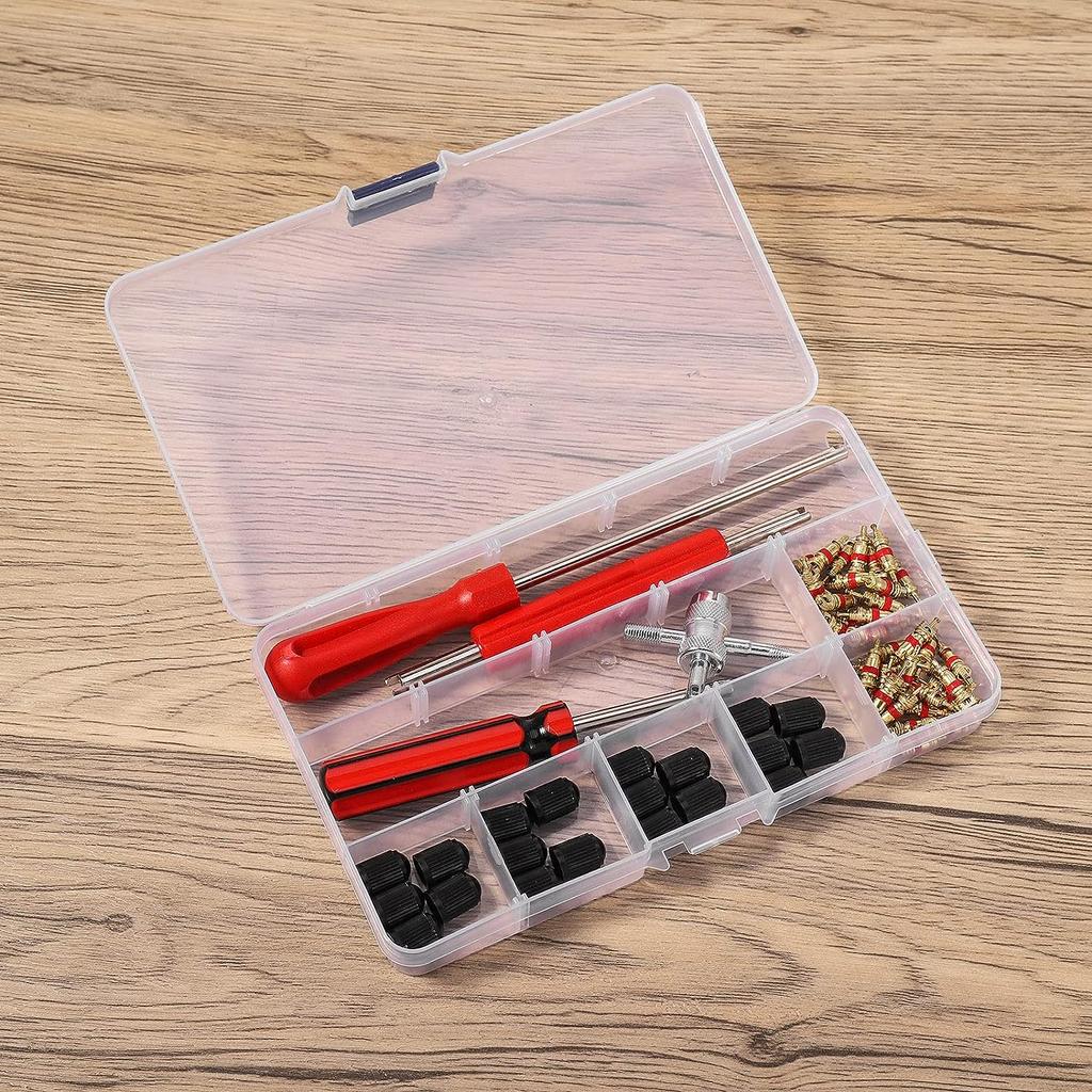 64 kusů Nástroj na opravu ventilových vložek, 3 kusy Odstraňovač ventilků pneumatik pro auto a kolo, 1 kus 4cestný Nástroj na ventilové vložky, 20 kusů Krytky ventilků pneumatik, 40 kusů Ventilových vložek