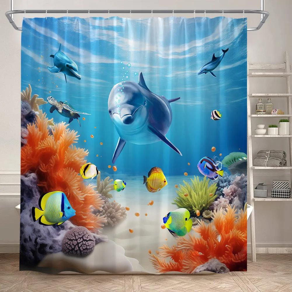 Zwierzęta Oceaniczne Żółw Morski Zasłony Prysznicowe Ryby Tropikalne Koral Podwodny Krajobraz Natury Zasłona Kąpielowa dla Dzieci Wystrój Domowej Łazienki